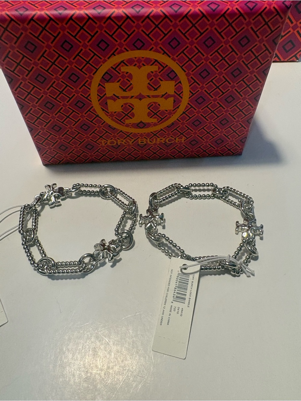 Tory Burch Silver Logo Charm Double-Strand Bracelet Set